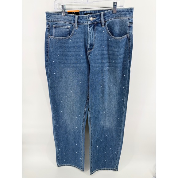 Express Denim - Express Embellished Rhinestone Straight Leg Jeans Medium Wash Blue Womens 12 NEW
